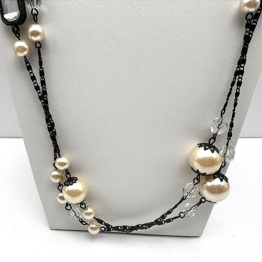 VTG Black Tone Multi Strand Station Necklace Faux Pearl Crystal Clear Bead Boho
